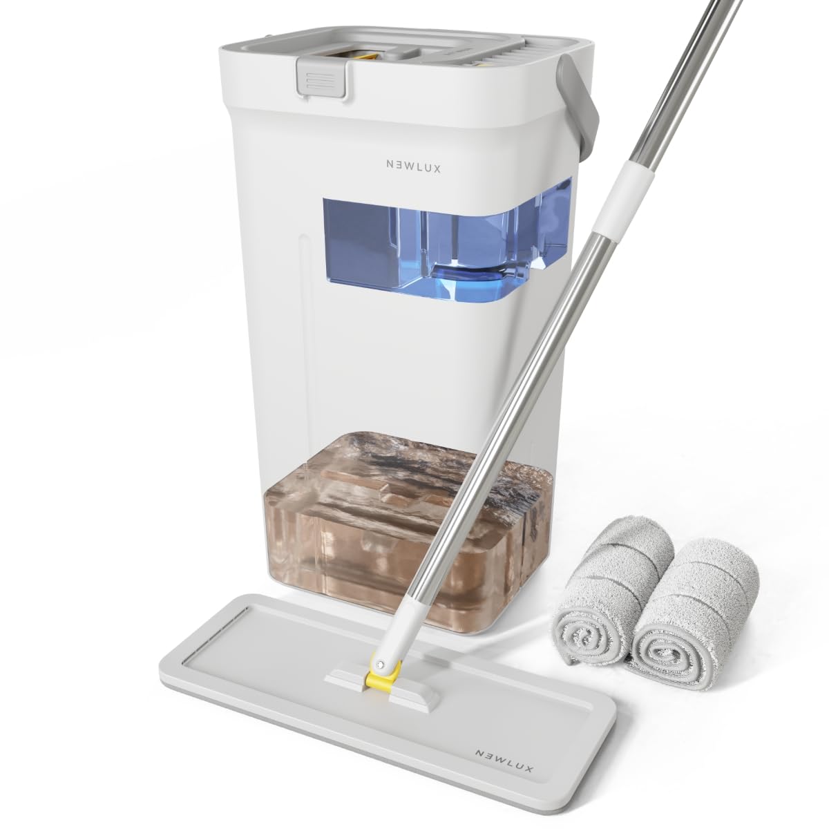 NEWLUX - Mopa Fregona con Cubo Escurridor Twin V120, Separación de Agua Limpia y Sucia, Diseño Que Ahorra Agua, Manejo con una Sola Mano, Almacenamiento Compacto, Mango 3 Alturas, 2 Mopas Microfibra
