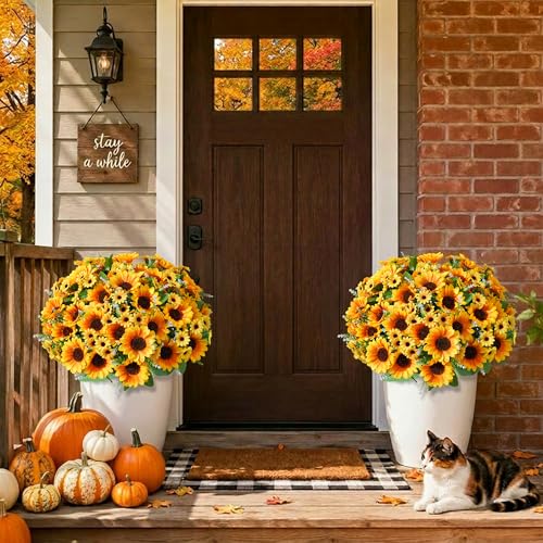 Image of Artificial Sunflowers for Outdoors, 10 Bunches Fake Sunflowers Artificial Flowers for Outdoors Decor, UV Resistant Realistic Faux Silk Flowers Bouquet for Outside Planter Porch Patio Garden Home Decor