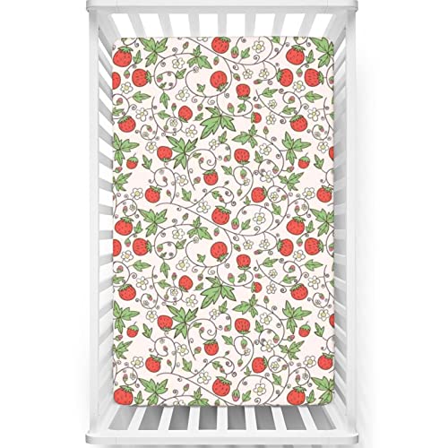 Image of Strawberry Themed Fitted Mini Crib Sheets,Portable Mini Crib Sheets Toddler Bed Mattress Sheets-Baby Crib Sheets for Girl or Boy,24“ x38“,Fern Green Vermilion Rose