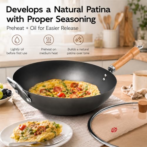 Image of WANGYUANJI 13.4 Inch Carbon Steel Wok Pan with Glass Lid, Flat Bottom Chinese Stir Fry Wok for Induction, Gas and Electric Stoves, Uncoated Iron Wok for Stir Frying, Sauteing and Deep Frying