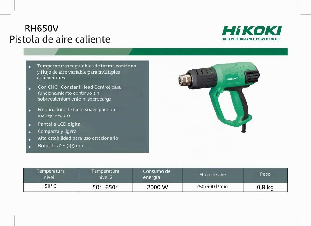 HiKOKI Pistola de Aire Caliente - 2000 W, 50 - 650° C - Pantalla LCD, Protección contra Sobrecalentamiento, Regulación de Temperatura Continua - Incluye Set de 5 Accesorios y Maletín | Ajuste de 50-650°C, regulación continua, 5 boquillas, rascador y prote