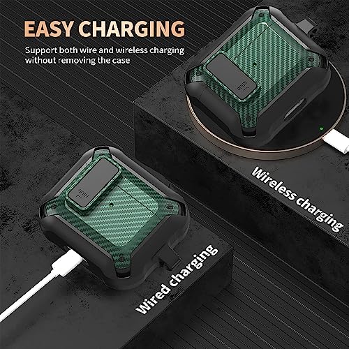 Image of Olytop for Airpods 3rd Gen Case with Lock 2021, Rugged Apple Airpods 3rd Generation Case Men Women, Armor Shockproof iPod 3rd Gen Case Protective Hard Shell with Carabiner&Cleaner kit, Black /Green