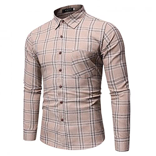 Heavkin Men's Button Down Shirt Casual Plaid Dress Shirts Long Sleeve Regular Fit Shirt For Men Khaki #TOP29