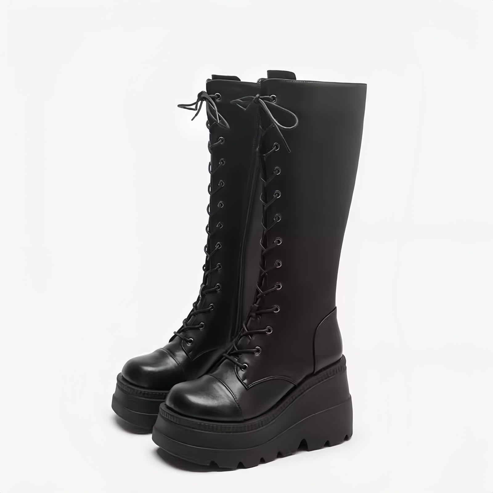 Stivali da ginocchio con piattaforma a cuneo alto con tacco piattaforma grosso Lace Up & Zipper Punk Goth Stivali da combattimento di vitello medio Stivali da moto con fibbie in metallo