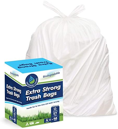 Freedom Living Biodegradable Heavy Duty White Trash Bags with Handle Ties for Kitchen, Yard, Lawn, Contractor, Janitorial or Office (13 Gallon - Pack of 48)