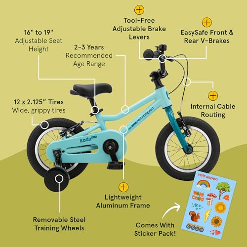 Image of Retrospec Koda Plus Kids Bike for Boys & Girls Ages 2-3 Years - 12 inch Children's Bicycle, Adjustable Seat & Handlebars, Removable Training Wheels, Front Hand Brakes, Rear Coaster Brake & Safety Bell