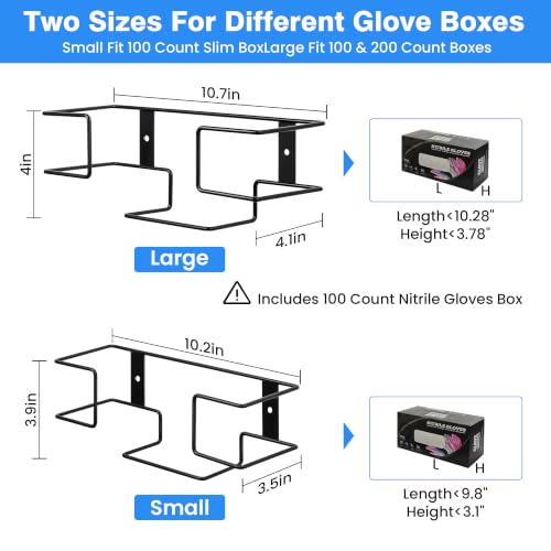 Image of Glove Box Holder Wall Mount Set with 100 Nitrile Gloves, 2 Pack, Black | 1 Small & 1 Large Holder for Multiple Box Sizes