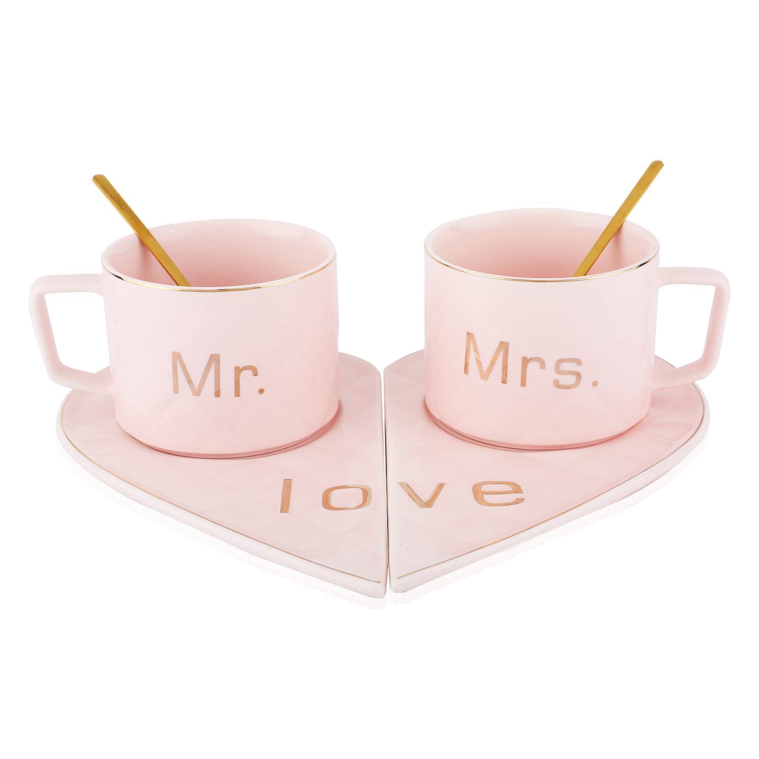 NYRWANA Coffee Mug, Mugs for Present, Wedding Present for Couples, Couple Gift, Rakhi Gift for Brother and Bhabhi, Mr & Mrs Set of 2 Coffee Mugs, Golden Spoons with Heart Shape Saucers (250ml-Pink)