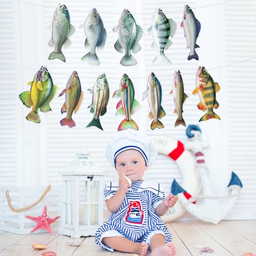 Image of Hooqict Gone Fishing Hanging Banner Garland Fish Birthday Party Banner for Happy Birthday Decorations Fishing Theme Party Supplies Under The Sea Baby Shower Fathers Day Decorations