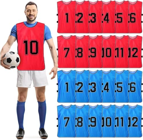 24 chalecos de entrenamiento para fútbol, baloncesto, petos de fútbol, pinnies, reversibles, numerados, para deportes de equipo (rojo y azul), Rojo, azul, 47 x 70 cm