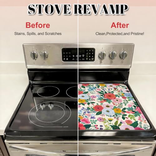 Image of Watercolor Flowers Stove Top Cover for Electric Stove, Flowers Rubber Stove top Cover, Heat Resistant Glass Cooktop Cover, Flat RV Range Protector Dish Drying Mat, Kitchen Farmhouse Decor, 28 inchx20 inch