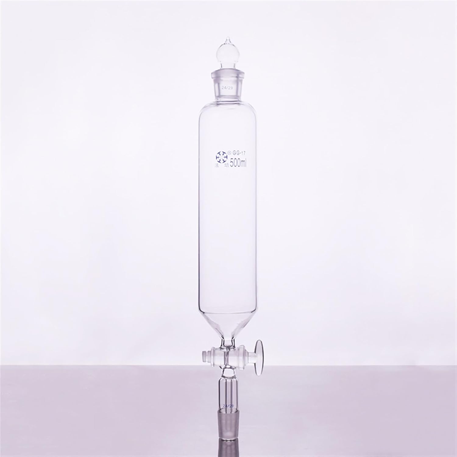 Separatory Funnel Cylindrical Shape,Standard Ground Mouth.Capacity 500ml,Joint 24/29+,Glass Switch Valve,Without tick Mark