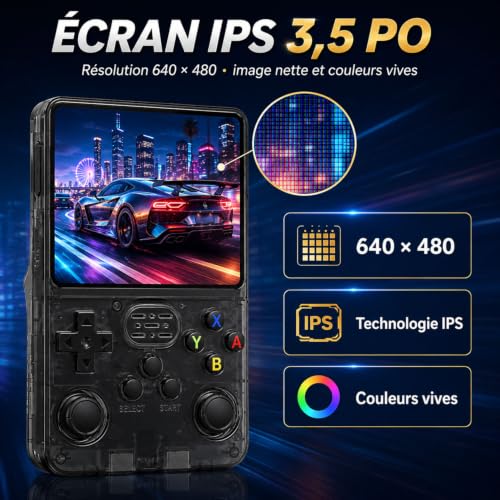 R36S Console de Jeu Rétro Portable avec Écran IPS HD 3,5 Pouces (640×480), Double Joystick, Batterie 3500 mAh et Support (Noir Fumée) – vue 2