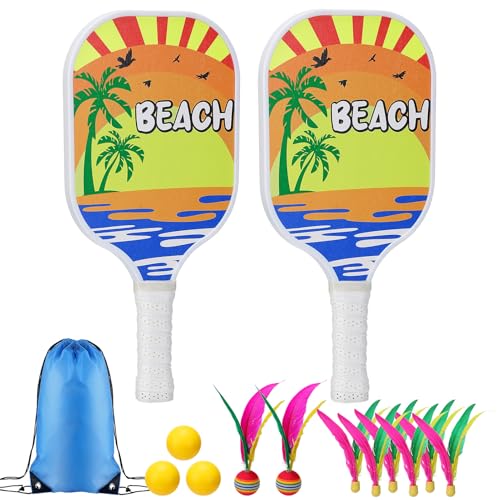 Beach Paddle Ball Set for Adults - Comfortable Anti-Slip Grip Includes 2 Paddle Rackets 3 Balls 8 Birdies and a Drawstring Bag Beach Must Haves 2026 Summer Rackets for Adults Small