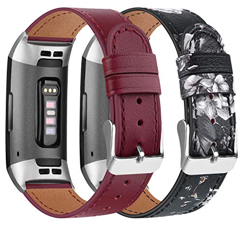[2 Pack] Leather Bands Compatible with Fitbit Charge 4 Bands for Women Men, Classic Replacement Genuine Leather Bands Metal Connectors for Fitbit Charge 3 (Wine Red, Floral Gray)
