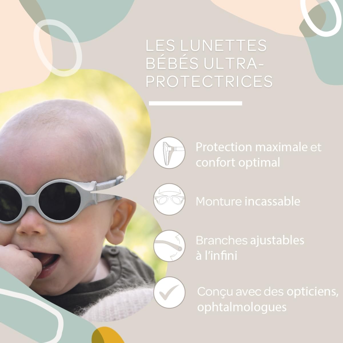 Béaba, Lunettes de soleil pour bébé 0-9 mois, Protection 100% UV - CAT 4, Protection Latérale, Confort Optimal, Bandeau élastique ajustable, Collection Glee, Galet