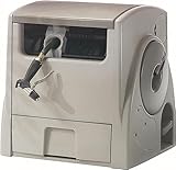Hose Reel 12 Volt Automatic Hose Reel - Rechargeable Garden Hose Reel with' Pedal Operation, Lid, and Slide Trak Hose Guide - 100' Hose Capacity - Taupe