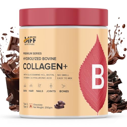 Image of MyFitFuel Hydrolyzed Bovine Collagen (250gm, Chocolate) with Biotin, Hyaluronic Acid, Zinc, Vitamin C & Glucosamine | For Skin, Hair, Nails & Joints