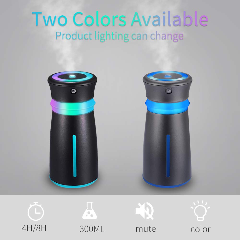 GENUIE USB Car Humidifier Diffuser, 300ML Cool Mist Potable Humidifiers Ultrasonic Home Air Refresher Purifier with 7 Colors LED Night Light, Quiet Operation for Travel Home Baby Office Car (Grey)