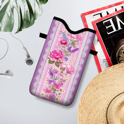 Image of Neoprene Cell Phone Sleeve Pouch Case Bag with Crossbody Strap Neck Lanyard for Women 7.1 X 3.9 in Pink Flower Wall