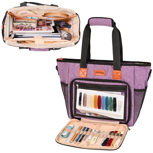 CROTIRAD Embroidery Bag Organizer for Cross Stitch Kits Cross Stitch Bag for Embroidery Kit books hoops Embroidery Project Bag with Shoulder Strap Purple