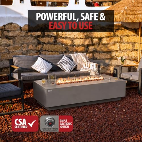 Image of AMS Creations | Savanah 72 inch Bundle Rectangular Cast Concrete Propane Gas Fire Pit Table | Light Gray | Smooth Texture Surface | Electronic Ignition | Outdoor Patio Heater Outside Backyard Fireplace