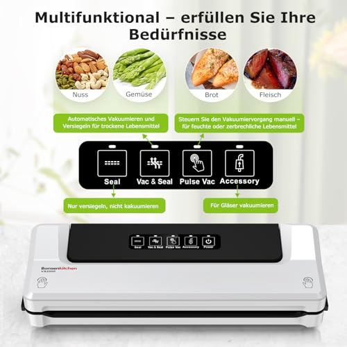 Foto von Bonsenkitchen Vakuumiergerät, Vakuumierer, Globefish-Technologie für kontinuierliches Arbeiten mit hoher Geschwindigkeit, Folienschweißgerät für Lebensmittel, inkl. 5 Vakuumier-Beutel und Schlauch