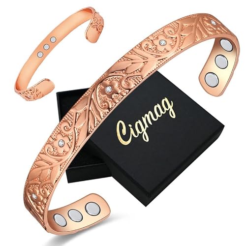 Image of Cigmag 9X Lymphatic Drainage Copper Bracelet for Women Ultra Strength Magnet Solid Pure Copper Magnetic Bracelet Adjustable Cuff Bangle with Present Box (Crystal Plum Pattern)