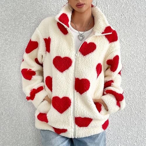 Valentinstag Damen Fleecejacke Fashion Herzen Drucken Plüschjacke Winter Langarm Reißverschluss Verdicken Bequem Oberbekleidung mit Taschen