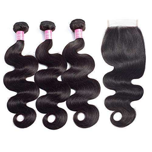 FQ Brazilian Body Wave Human Hair 3 Bundles with Closure(12 14 16+10 Closure)10A Unprocessed Brazilian Virgin Human Hair Weave Bundles with Lace Closure Brazilian Body Wave 4 Bundle Deals