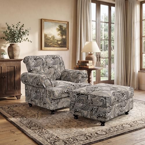 Image of Upholstered Foot Stool Ottoman, Foot Rest with Wooden Legs, Mid-Century Floral Paisley Pattern Footstool Ottomans for Living Room, Bedroom, Entryway (Ottoman)