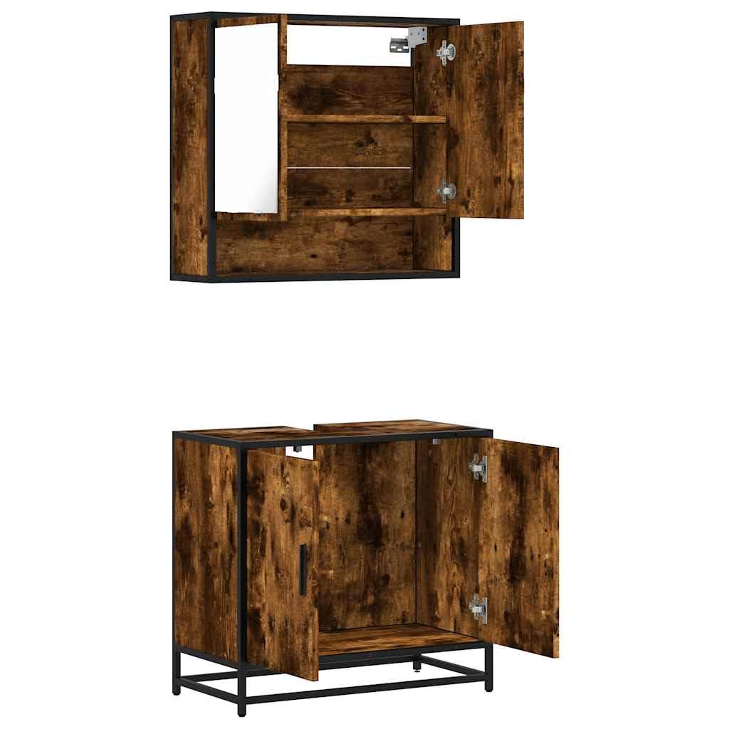 Set Mobili da Bagno 2 pz Rovere Fumo in Truciolato e Metallo | Soluzione salvaspazio per il bagno con armadietto a specchio sospeso e mobile sottolavello in stile industriale.
