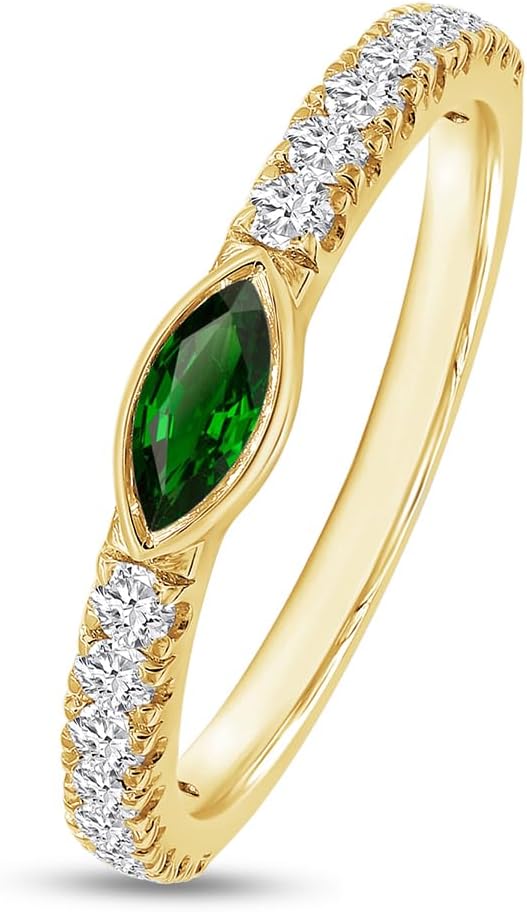 Bezel Set Stackable Wedding Ring Band for Women Marquise Cut Simulated Birtstone & Round Lab Created Moissanite In 14K Gold Plated Sterling Silver Jewlery (0.50 Cttw)