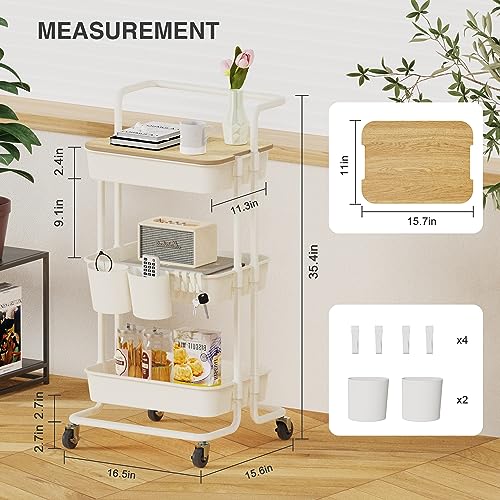 image for DTK 3 Tier Rolling Utility Cart with Cover Top Board, Movable Kitchen 