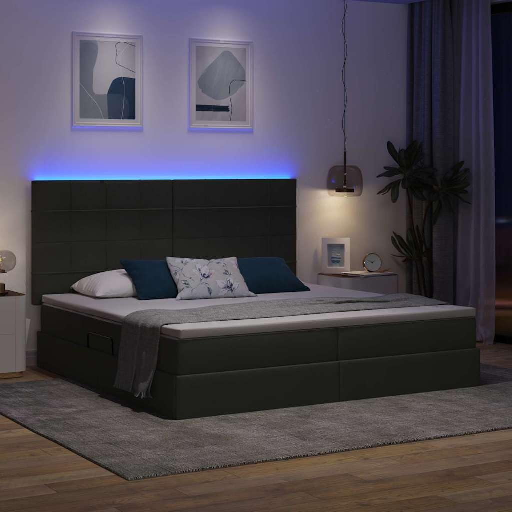 Letto portaoggetti moderno con illuminazione a LED e materasso, telaio in metallo, rivestimento in poliestere, grigio scuro, 200 x 200 cm, sistema di sollevamento idraulico, luce RGB