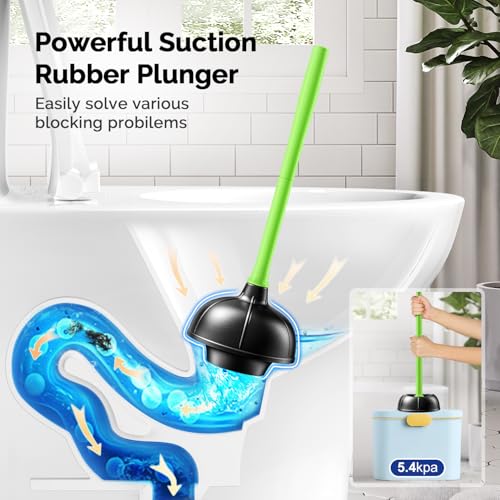 Image of HAMITOR Toilet Plunger Bowl Brush Combo：Heavy Duty Rubber for Drain Clog Remover - Curved Design Bristles for Deep Cleaning Under Rim - Compact Bathroom Cleaning Tools for New Homet Essentials-Green