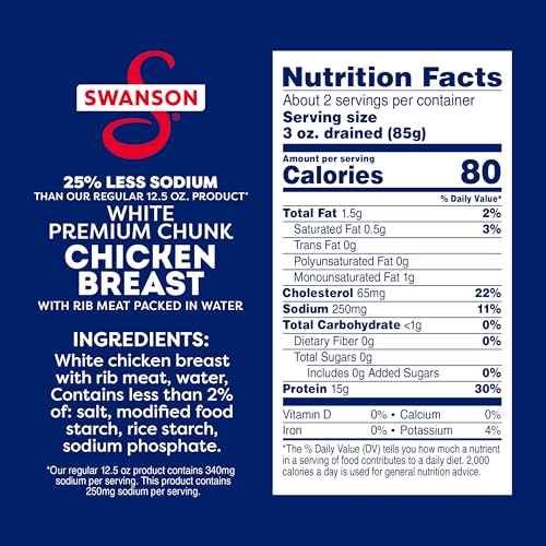 Image of Swanson 25% Less Sodium White Premium Chunk Canned Chicken Breast in Water, 12.5 OZ Can (Pack of 6)