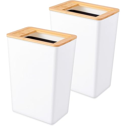 Suclain 2 Pcs Slim Trash Can 2.3 Gal, Small Wastebasket with Semi Open Bamboo Lid Plastic Waste Basket Rectangular Garbage Container Bin Trashcan for Bathroom Bedroom Kitchen Office Living Room Home