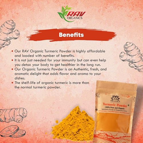 Image of Rav Organics Pure Haldi Rich in Natural Curcumin 250g | Organic Turmeric Powder | 100% Natural Sun-Dried & Stone-Ground Farm-Grown Indian Spice for Cooking, Golden Milk & Wellness | Non-GMO, NPOP Certified