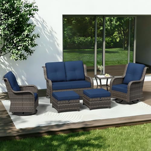 Image of 6 Piece Outdoor Wicker Patio Furniture Set, Outdoor Swivel Rocker Patio Chairs Set with Thickened Olefin Cushions, High Back and Deep Seating, Hand-Woven PE Rattan for Porch, Deck