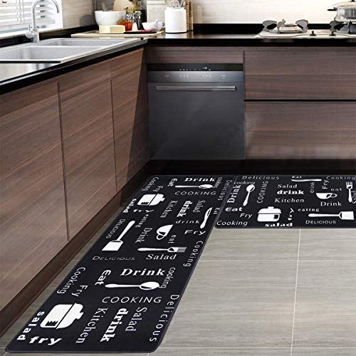 HEBE Anti Fatigue Kitchen Rug Set 2 Pieces Cushioned Kitchen Floor Mats Set Comfort Heavy Duty Standing Mats Waterproof Non Slip Kitchen Rugs and Runner Sets,Black Kitchen