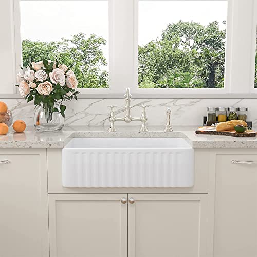 33 White Farmhouse Kitchen Sink - Sarlai 33 Inch Farm Sink Reversible Apron Front White Ceramic Porcelain Fireclay Single Bowl Farmer Sinks #TOP1