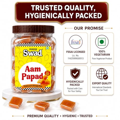 Image of Panjon Swad Aam Papad Candy - Real Mango Pulp Toffee,Sweet Mango Flavor Treats,320g jar
