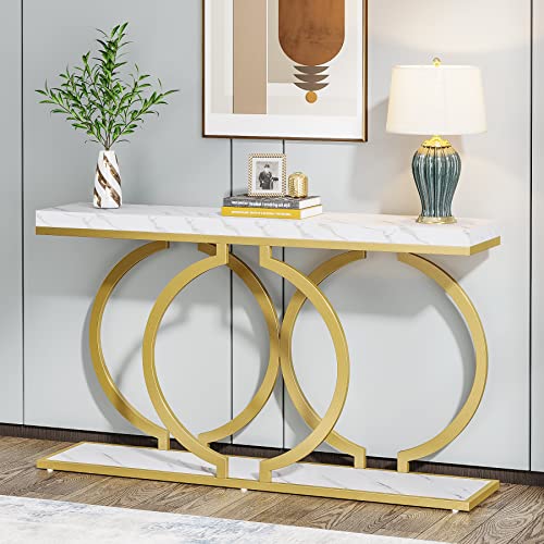 Tribesigns Gold Console Table, 55 inch Modern Entryway Table with Geometric Metal Frame, Faux Marble Narrow Long Sofa Table for Living Room, Entrance, Hallway, White and Gold