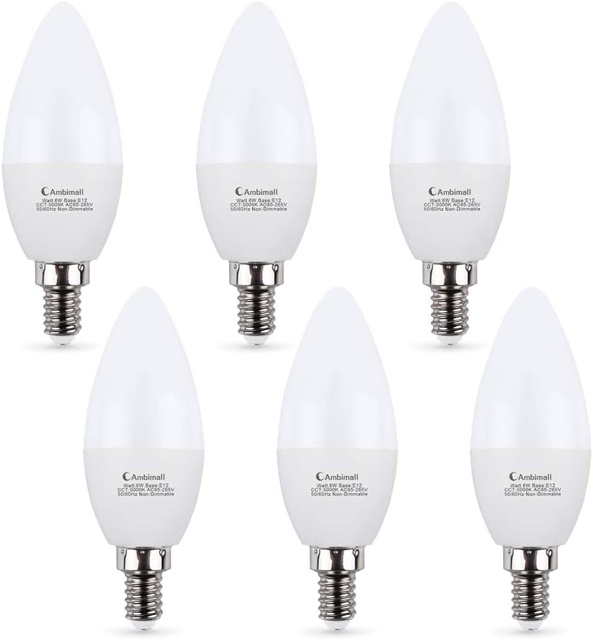 Candelabra LED Bulbs 60Watts, Ambimall 6 Watt E12 Base Daylight White 5000K 600Lumens, Chandelier Light Non-Dimmable for Ceiling Fan(6 Pack)