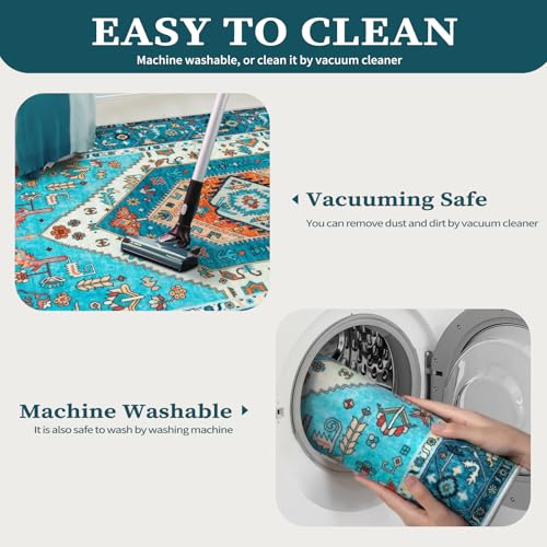 SERISSA Area Rug 3x5 Boho Blue Rugs for Bedroom, Washable Non-Slip Kitchen Rugs, Ultra Soft Print Distressed Tribal Entry Rug Low-Pile Throw Rug Carpet for Bedroom Nursery Living Room Dorm Decor