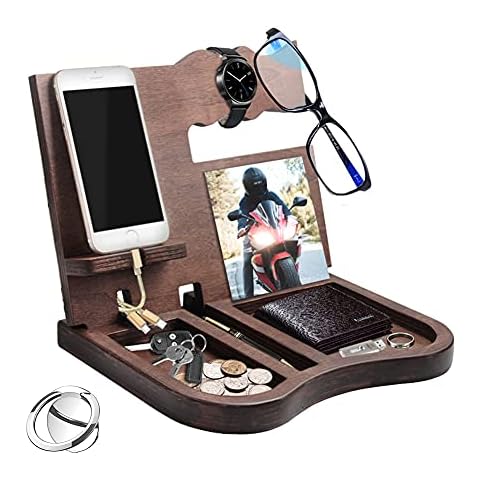 Gifts Valentine's Day Birthday for Men, Wooden Mobile Phone Docking Station, Partner Gifts, Desktop Organiser, Wooden Small Items Storage Box with Phone Ring Holder (Brown) Cover