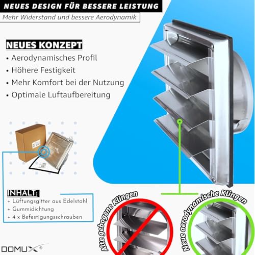 DOMUX - Edelstahl Lüftungsgitter 125mm für Dunstabzugshaube/Wäschetrockner - mit Insektenschutzgitter und Beweglichen Lamellen - Optimaler Luftstrom