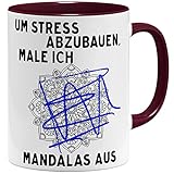 OM3® witzige Tasse mit Spruch - Um Stress abzubauen, male ich Mandalas aus | Keramik Becher | 11oz 325ml | Beidseitig Bedruckt | Bordeaux