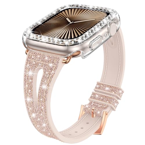 Goton for Apple Watch Series 10 42mm Bling Silicone Band with Lightweight Glitter Bumper Case, Soft & Breathable Thin Strap + Cover for Women
